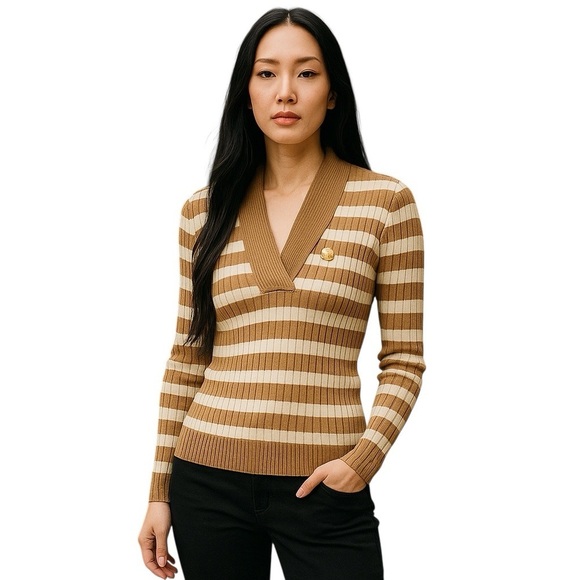 Ralph Lauren Brown and Tan V-Neck Sweater - Picture 1 of 16